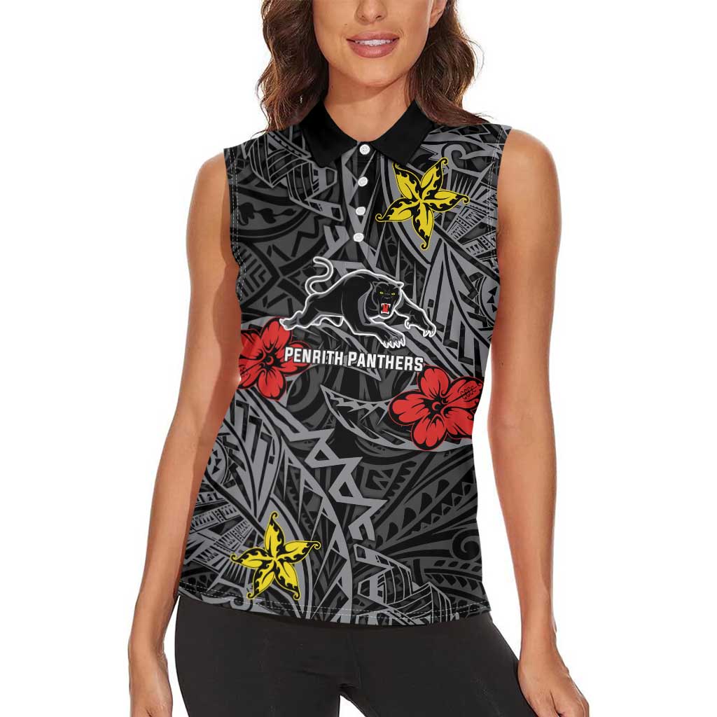 Personalised Penrith Panthers Women Sleeveless Polo Shirt Polynesian Tribal Pattern With Rugby Panther Mascot Art