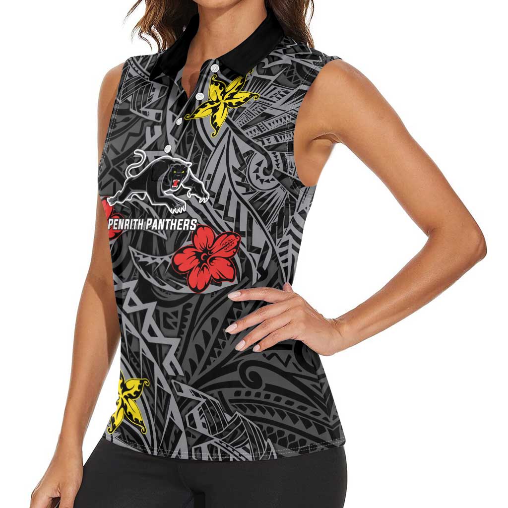 Personalised Penrith Panthers Women Sleeveless Polo Shirt Polynesian Tribal Pattern With Rugby Panther Mascot Art