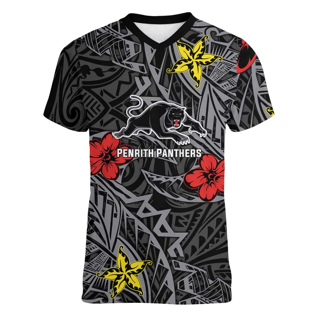 Personalised Penrith Panthers Women V-Neck T-Shirt Polynesian Tribal Pattern With Rugby Panther Mascot Art