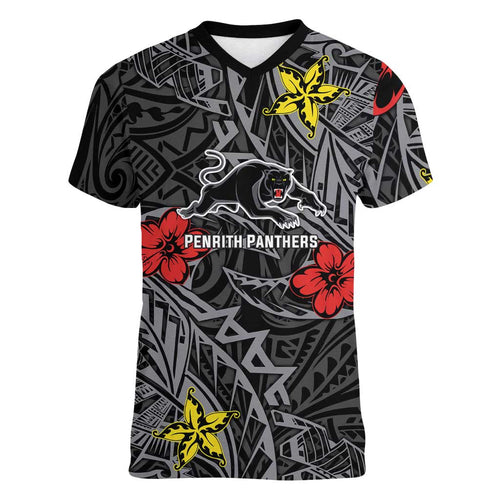 Personalised Penrith Panthers Women V-Neck T-Shirt Polynesian Tribal Pattern With Rugby Panther Mascot Art