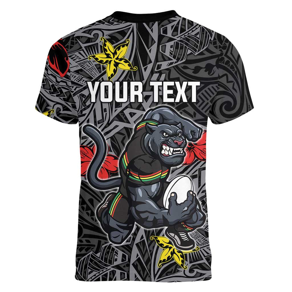 Personalised Penrith Panthers Women V-Neck T-Shirt Polynesian Tribal Pattern With Rugby Panther Mascot Art