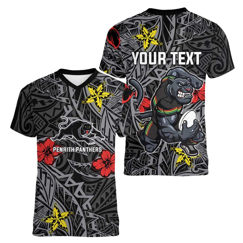 Personalised Penrith Panthers Women V-Neck T-Shirt Polynesian Tribal Pattern With Rugby Panther Mascot Art