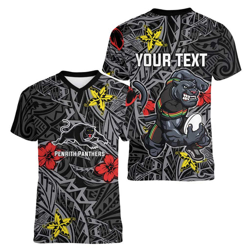 Personalised Penrith Panthers Women V-Neck T-Shirt Polynesian Tribal Pattern With Rugby Panther Mascot Art