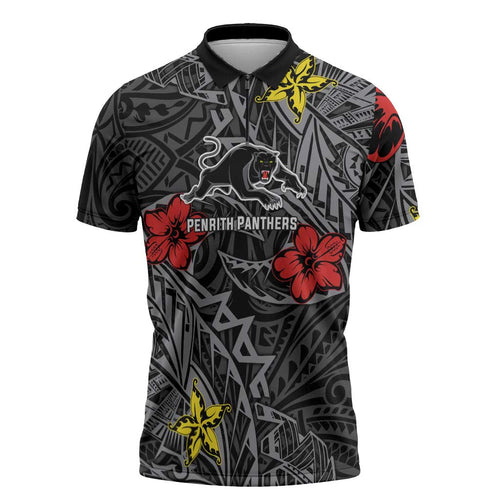 Personalised Penrith Panthers Zipper Polo Shirt Polynesian Tribal Pattern With Rugby Panther Mascot Art
