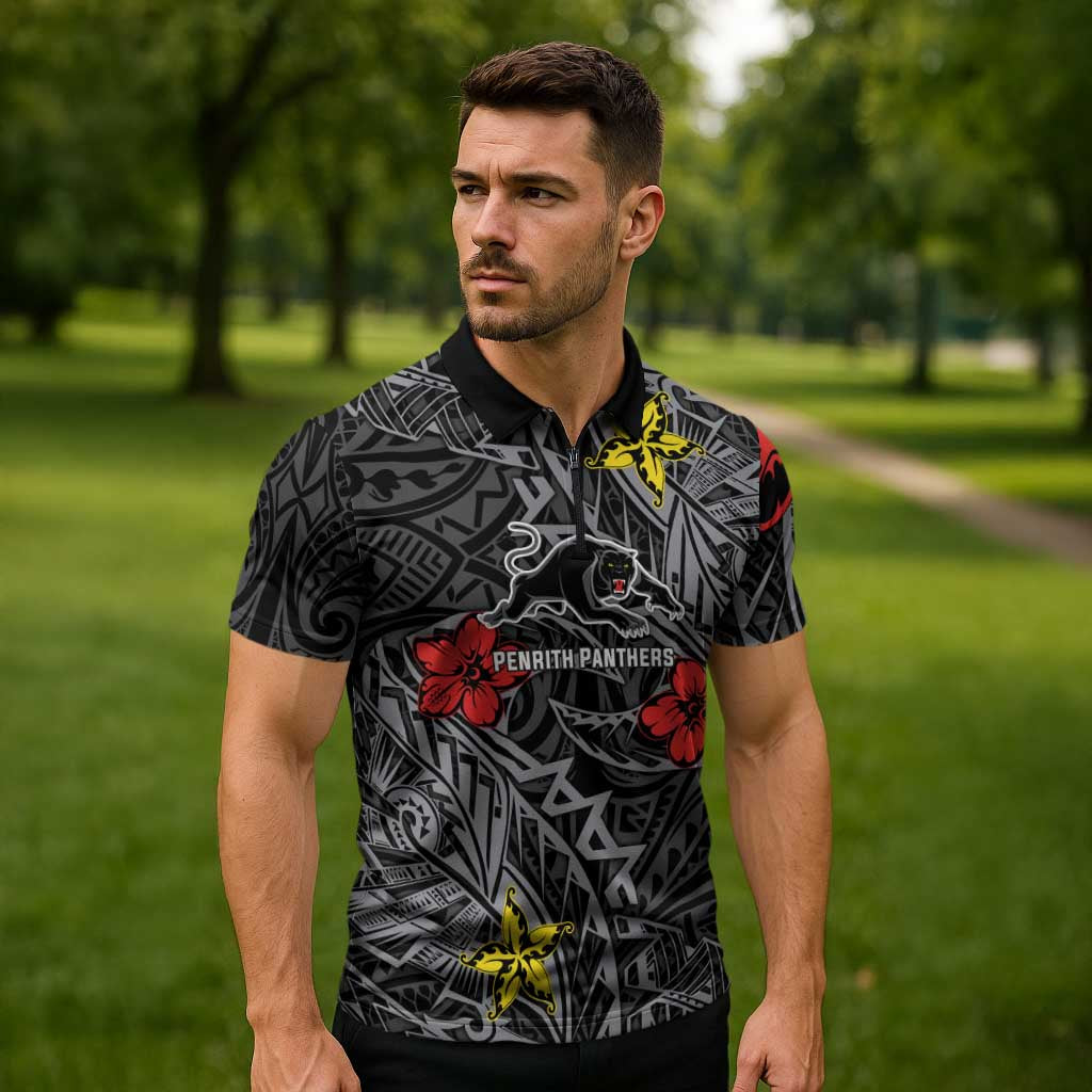 Personalised Penrith Panthers Zipper Polo Shirt Polynesian Tribal Pattern With Rugby Panther Mascot Art