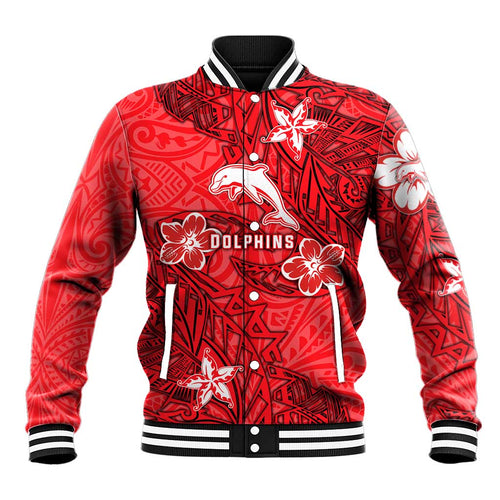 Personalised Dolphins Baseball Jacket Polynesian Tribal Pattern With Rugby Dolphin Mascot Art