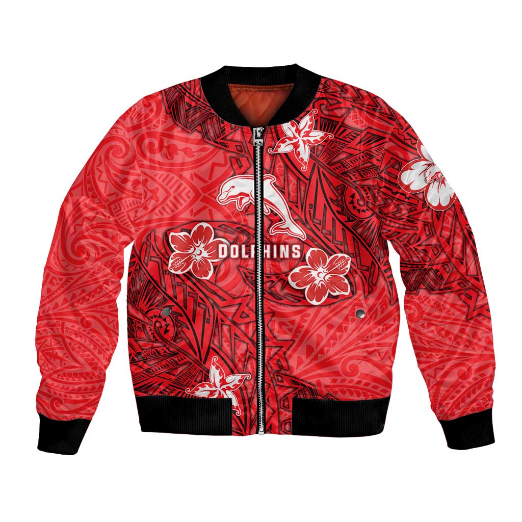 Personalised Dolphins Bomber Jacket Polynesian Tribal Pattern With Rugby Dolphin Mascot Art
