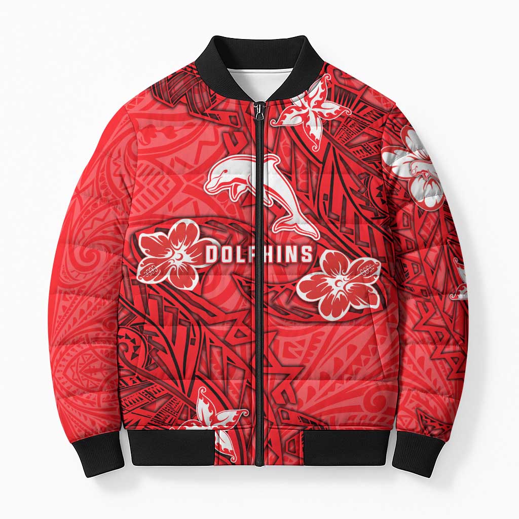 Personalised Dolphins Bomber Puffer Jacket Polynesian Tribal Pattern With Rugby Dolphin Mascot Art