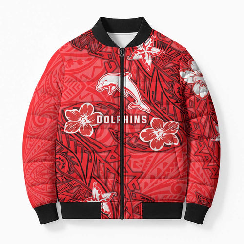Personalised Dolphins Bomber Puffer Jacket Polynesian Tribal Pattern With Rugby Dolphin Mascot Art