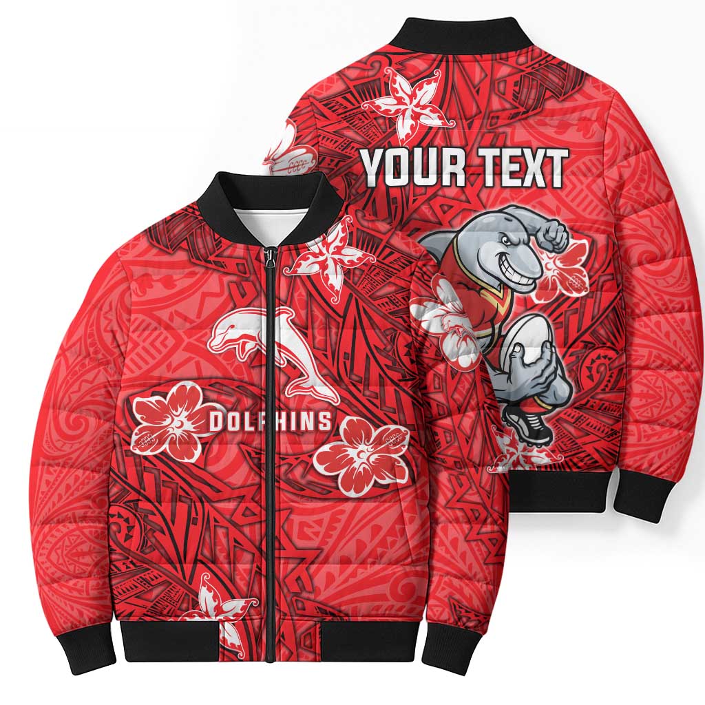 Personalised Dolphins Bomber Puffer Jacket Polynesian Tribal Pattern With Rugby Dolphin Mascot Art