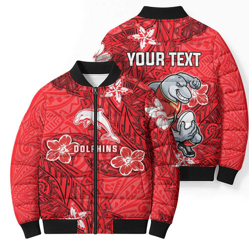 Personalised Dolphins Bomber Puffer Jacket Polynesian Tribal Pattern With Rugby Dolphin Mascot Art