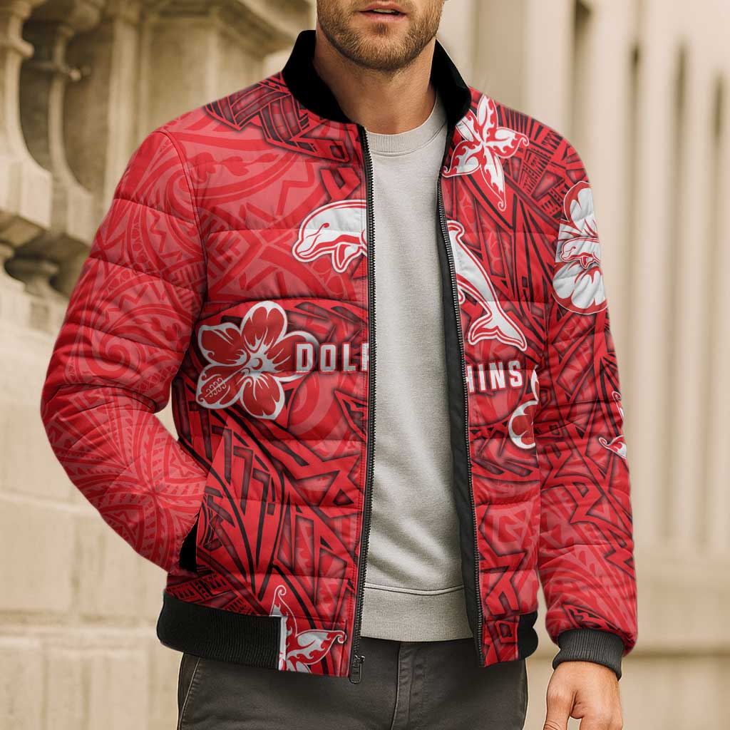 Personalised Dolphins Bomber Puffer Jacket Polynesian Tribal Pattern With Rugby Dolphin Mascot Art
