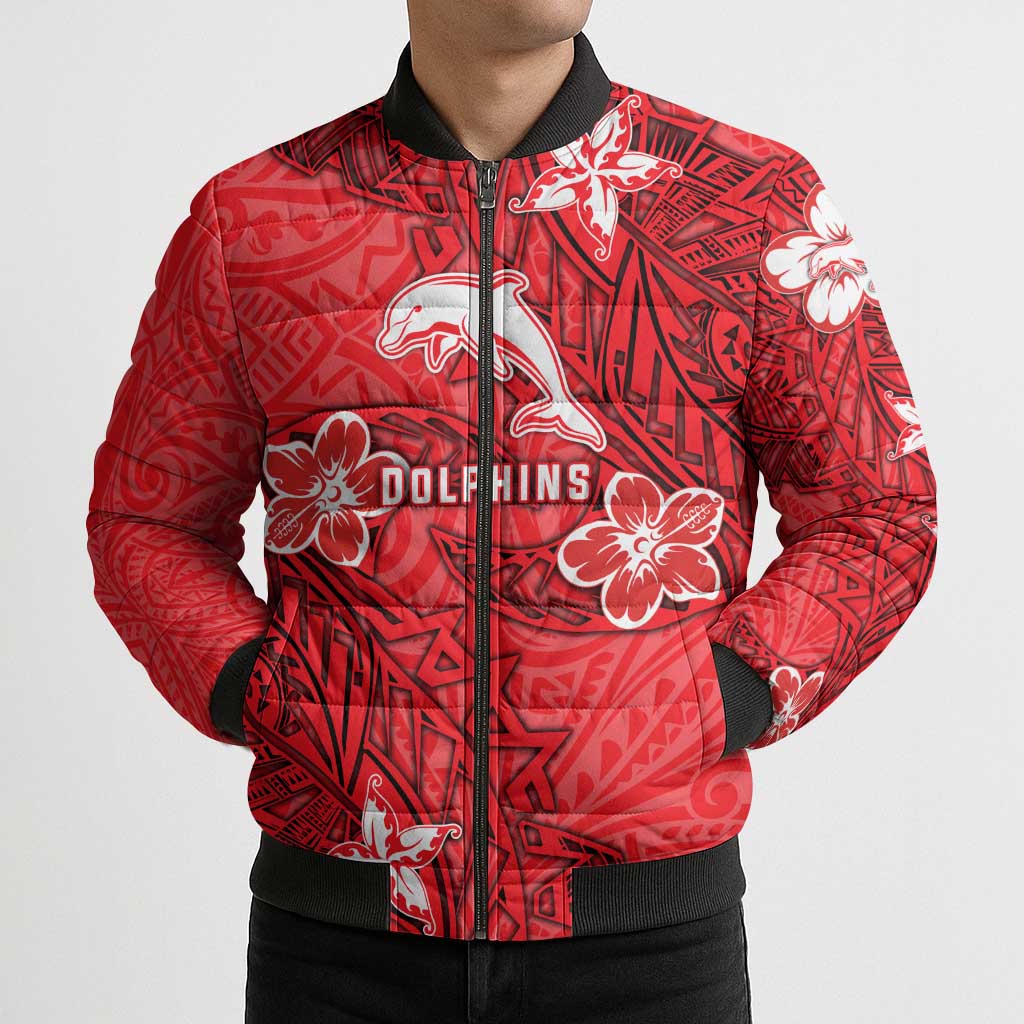 Personalised Dolphins Bomber Puffer Jacket Polynesian Tribal Pattern With Rugby Dolphin Mascot Art