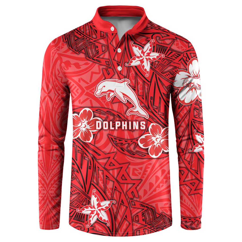 Personalised Dolphins Button Sweatshirt Polynesian Tribal Pattern With Rugby Dolphin Mascot Art