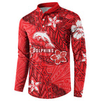 Personalised Dolphins Button Sweatshirt Polynesian Tribal Pattern With Rugby Dolphin Mascot Art