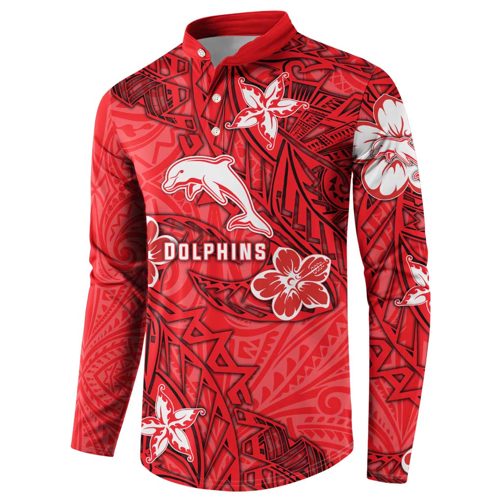Personalised Dolphins Button Sweatshirt Polynesian Tribal Pattern With Rugby Dolphin Mascot Art