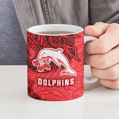 Personalised Dolphins Ceramic Mug Polynesian Tribal Pattern With Rugby Dolphin Mascot Art
