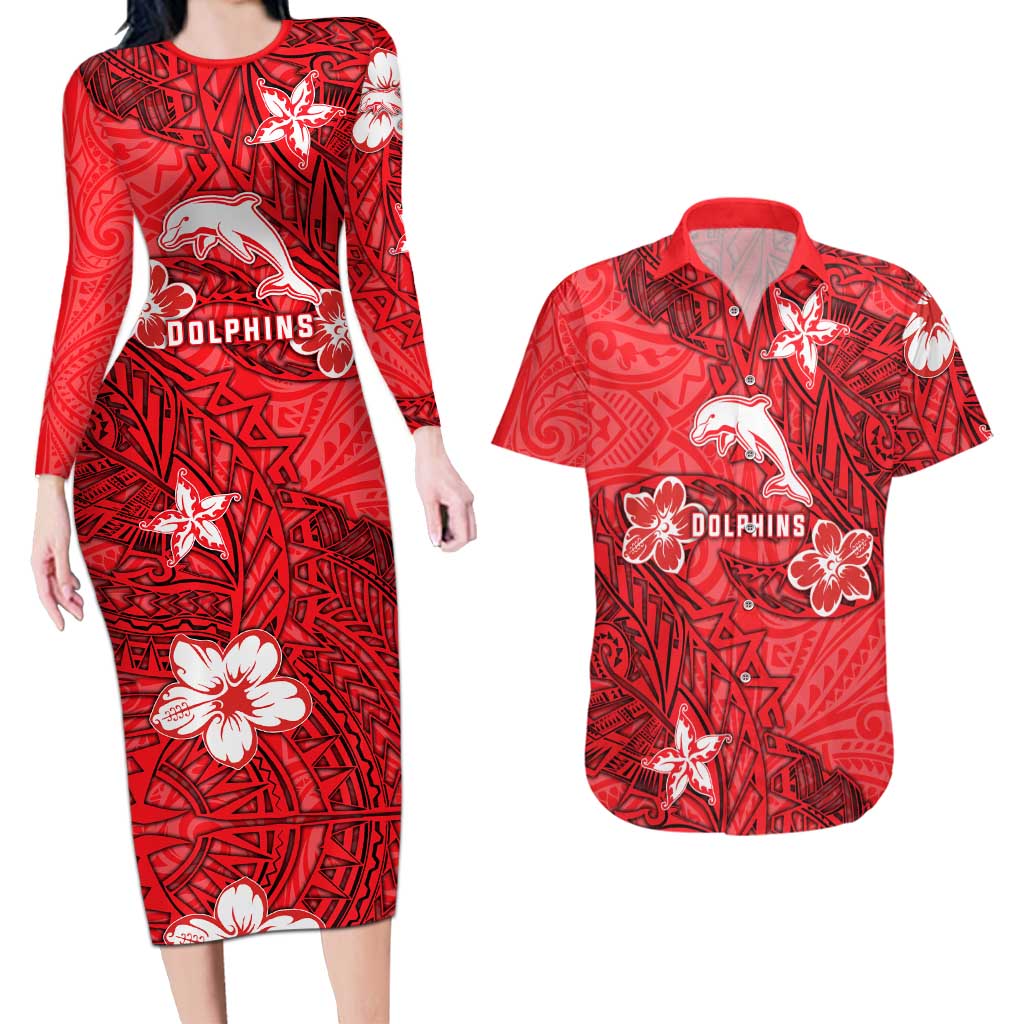 Personalised Dolphins Couples Matching Long Sleeve Bodycon Dress and Hawaiian Shirt Polynesian Tribal Pattern With Rugby Dolphin Mascot Art