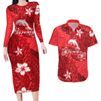 Personalised Dolphins Couples Matching Long Sleeve Bodycon Dress and Hawaiian Shirt Polynesian Tribal Pattern With Rugby Dolphin Mascot Art