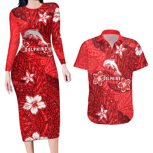Personalised Dolphins Couples Matching Long Sleeve Bodycon Dress and Hawaiian Shirt Polynesian Tribal Pattern With Rugby Dolphin Mascot Art