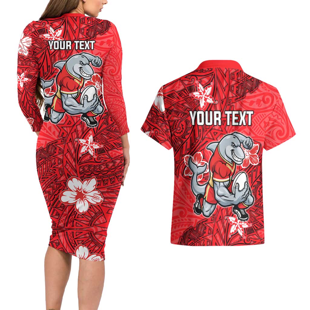 Personalised Dolphins Couples Matching Long Sleeve Bodycon Dress and Hawaiian Shirt Polynesian Tribal Pattern With Rugby Dolphin Mascot Art