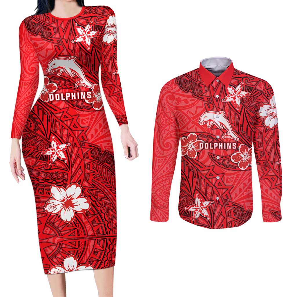 Personalised Dolphins Couples Matching Long Sleeve Bodycon Dress and Long Sleeve Button Shirt Polynesian Tribal Pattern With Rugby Dolphin Mascot Art