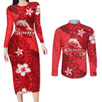 Personalised Dolphins Couples Matching Long Sleeve Bodycon Dress and Long Sleeve Button Shirt Polynesian Tribal Pattern With Rugby Dolphin Mascot Art