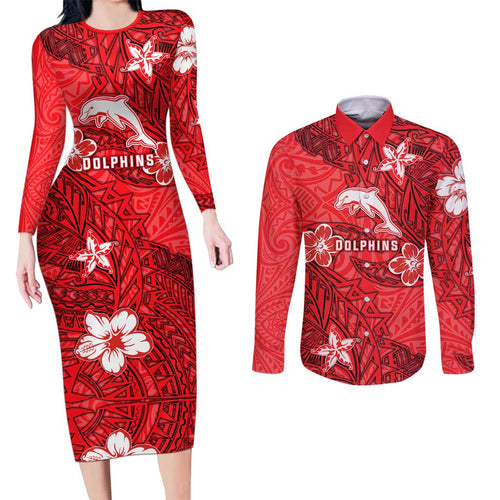 Personalised Dolphins Couples Matching Long Sleeve Bodycon Dress and Long Sleeve Button Shirt Polynesian Tribal Pattern With Rugby Dolphin Mascot Art