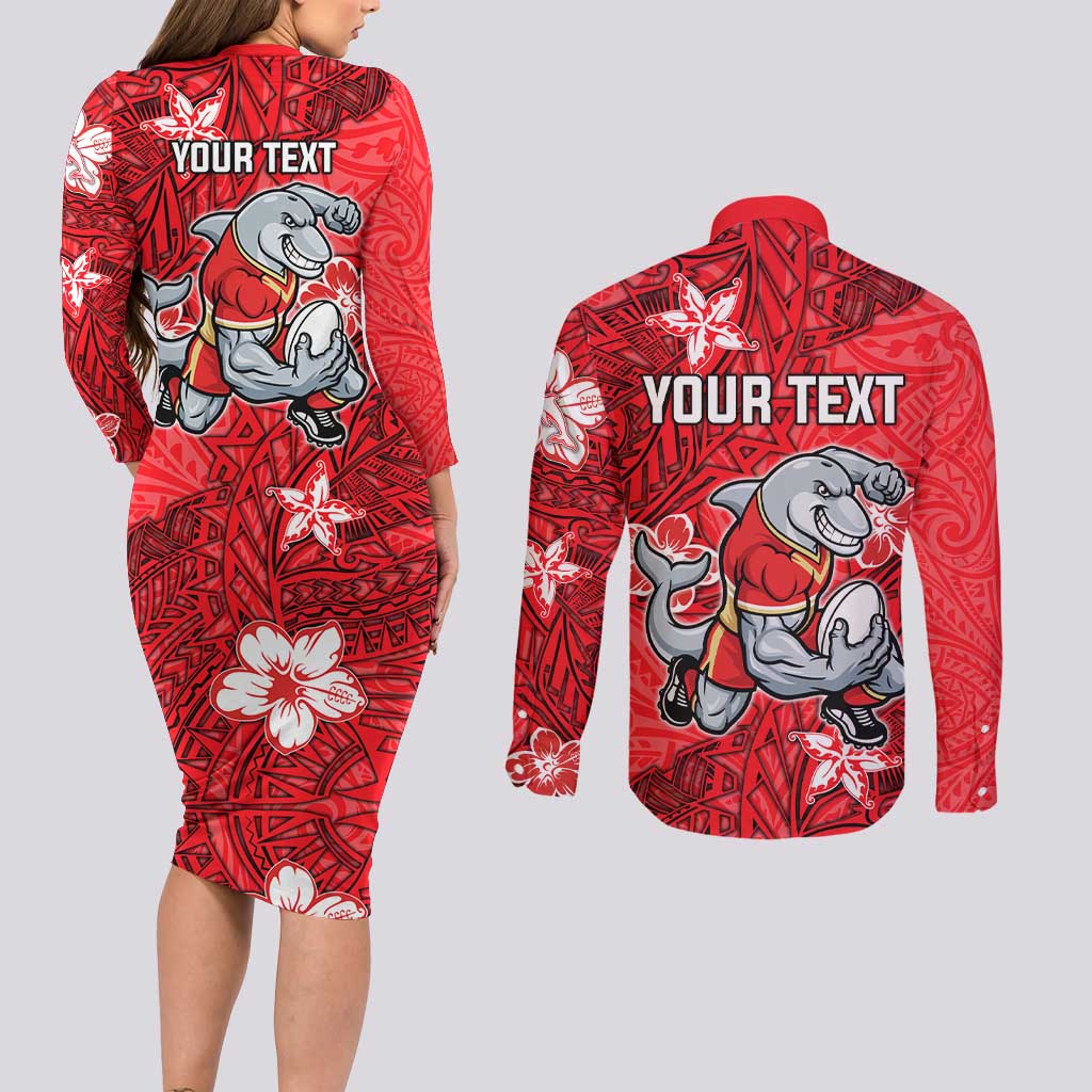 Personalised Dolphins Couples Matching Long Sleeve Bodycon Dress and Long Sleeve Button Shirt Polynesian Tribal Pattern With Rugby Dolphin Mascot Art