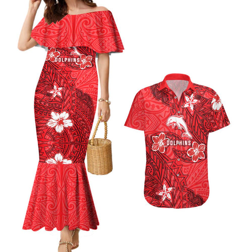 Personalised Dolphins Couples Matching Mermaid Dress and Hawaiian Shirt Polynesian Tribal Pattern With Rugby Dolphin Mascot Art