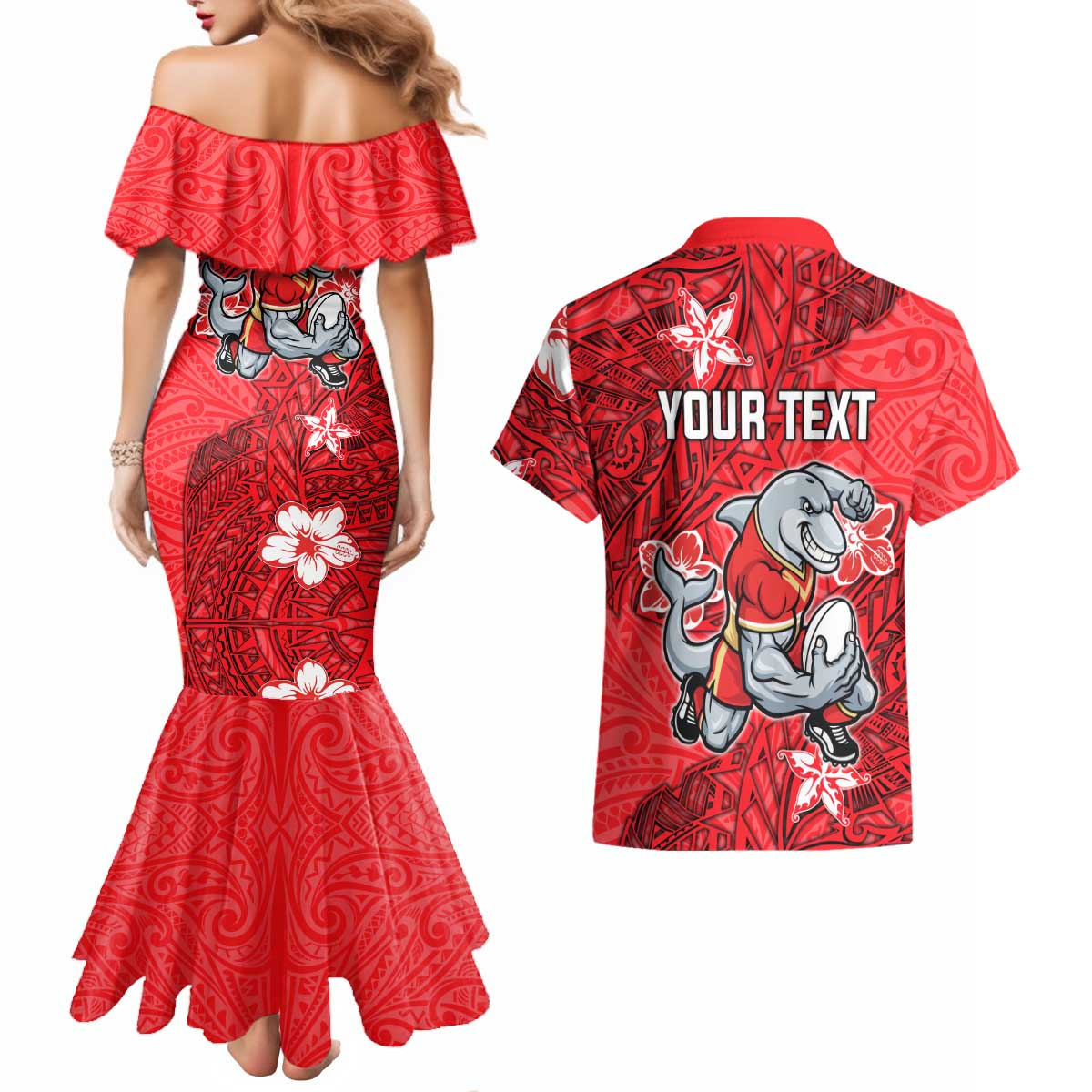 Personalised Dolphins Couples Matching Mermaid Dress and Hawaiian Shirt Polynesian Tribal Pattern With Rugby Dolphin Mascot Art