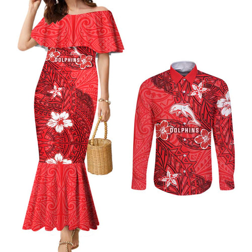 Personalised Dolphins Couples Matching Mermaid Dress and Long Sleeve Button Shirt Polynesian Tribal Pattern With Rugby Dolphin Mascot Art