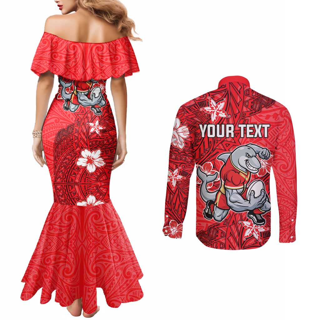 Personalised Dolphins Couples Matching Mermaid Dress and Long Sleeve Button Shirt Polynesian Tribal Pattern With Rugby Dolphin Mascot Art