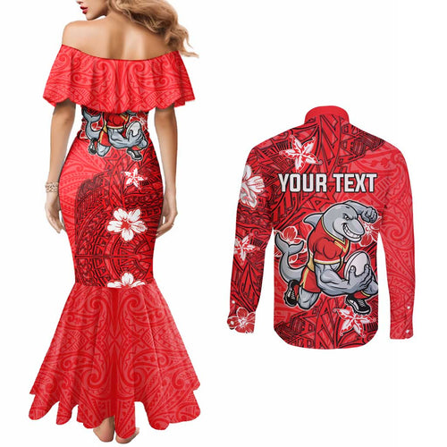 Personalised Dolphins Couples Matching Mermaid Dress and Long Sleeve Button Shirt Polynesian Tribal Pattern With Rugby Dolphin Mascot Art