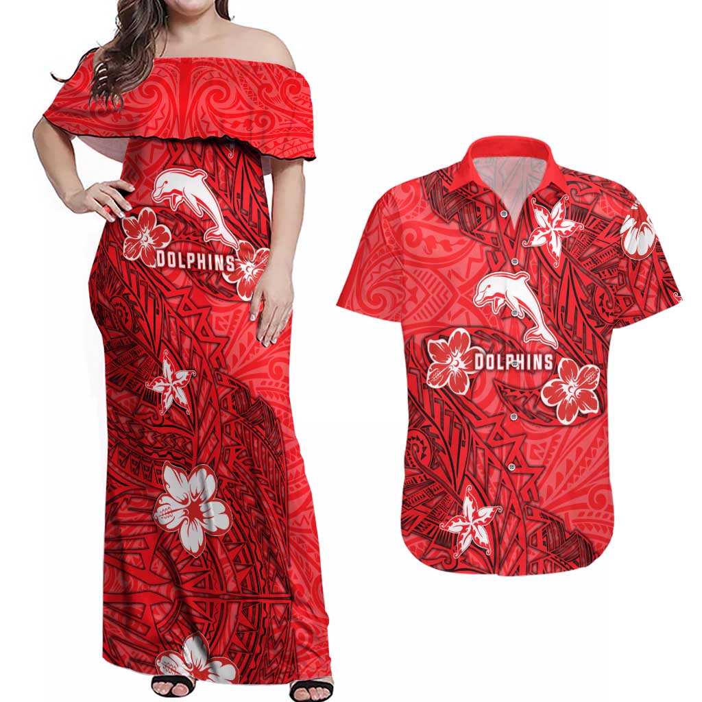 Personalised Dolphins Couples Matching Off Shoulder Maxi Dress and Hawaiian Shirt Polynesian Tribal Pattern With Rugby Dolphin Mascot Art