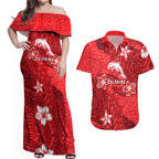 Personalised Dolphins Couples Matching Off Shoulder Maxi Dress and Hawaiian Shirt Polynesian Tribal Pattern With Rugby Dolphin Mascot Art