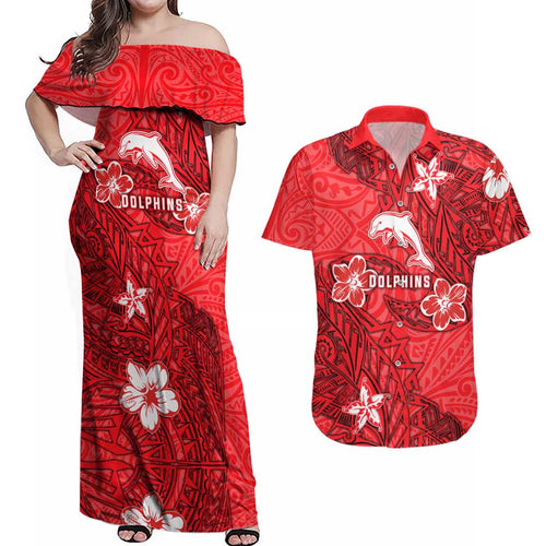Personalised Dolphins Couples Matching Off Shoulder Maxi Dress and Hawaiian Shirt Polynesian Tribal Pattern With Rugby Dolphin Mascot Art