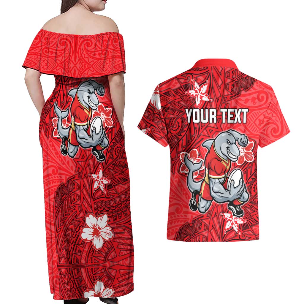 Personalised Dolphins Couples Matching Off Shoulder Maxi Dress and Hawaiian Shirt Polynesian Tribal Pattern With Rugby Dolphin Mascot Art