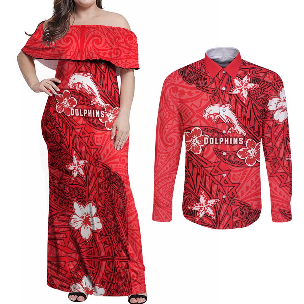 Personalised Dolphins Couples Matching Off Shoulder Maxi Dress and Long Sleeve Button Shirt Polynesian Tribal Pattern With Rugby Dolphin Mascot Art
