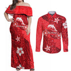 Personalised Dolphins Couples Matching Off Shoulder Maxi Dress and Long Sleeve Button Shirt Polynesian Tribal Pattern With Rugby Dolphin Mascot Art