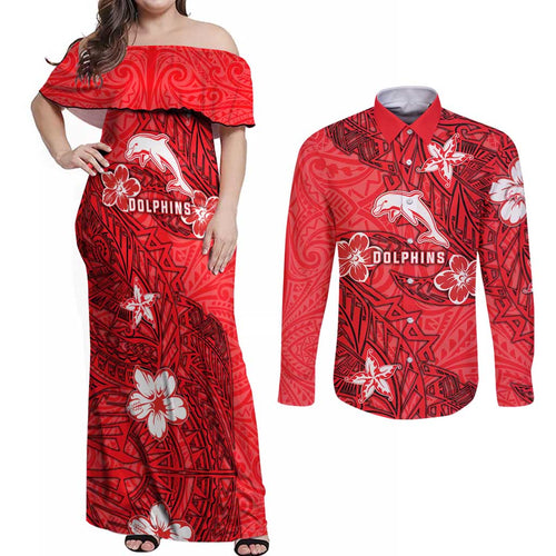 Personalised Dolphins Couples Matching Off Shoulder Maxi Dress and Long Sleeve Button Shirt Polynesian Tribal Pattern With Rugby Dolphin Mascot Art