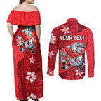 Personalised Dolphins Couples Matching Off Shoulder Maxi Dress and Long Sleeve Button Shirt Polynesian Tribal Pattern With Rugby Dolphin Mascot Art