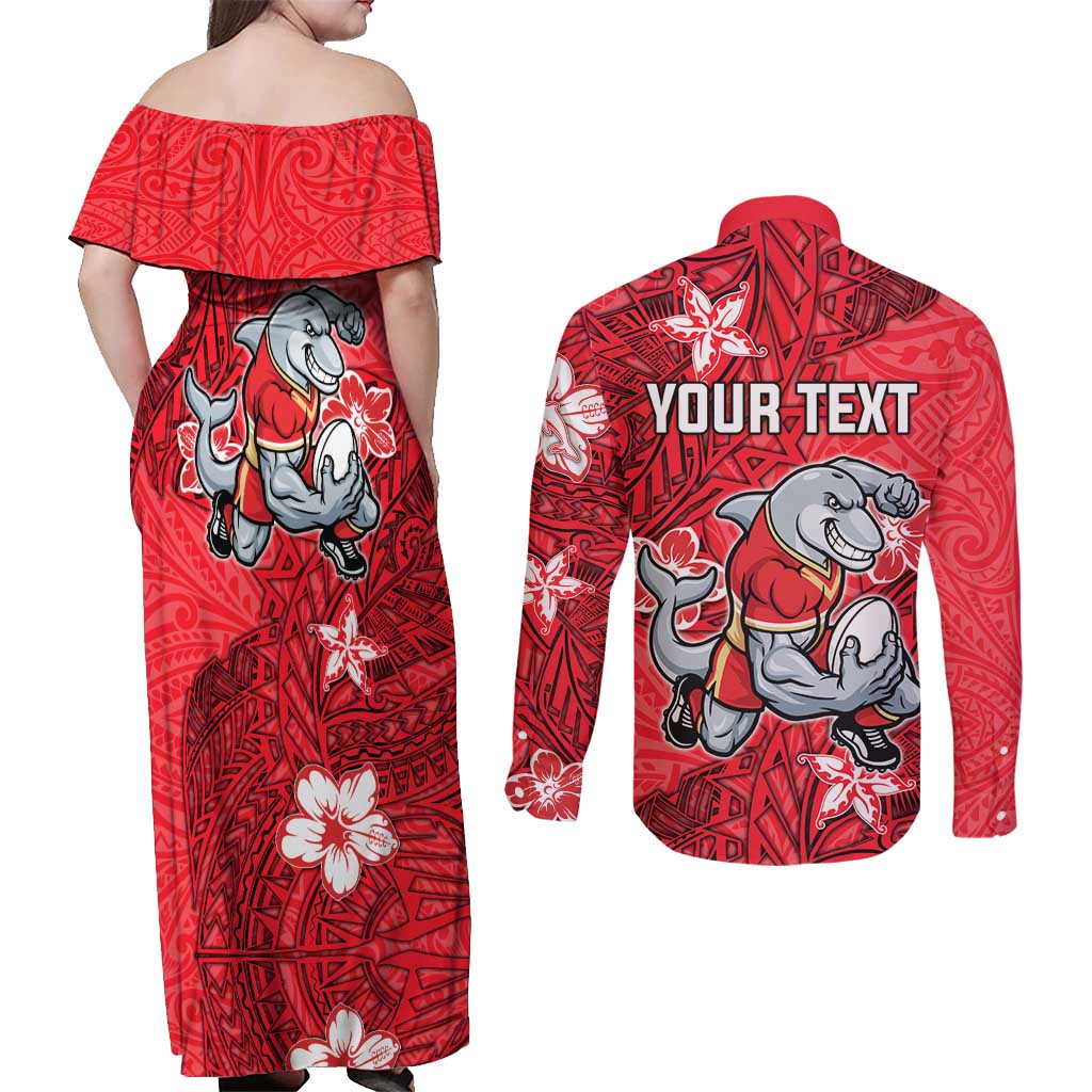 Personalised Dolphins Couples Matching Off Shoulder Maxi Dress and Long Sleeve Button Shirt Polynesian Tribal Pattern With Rugby Dolphin Mascot Art