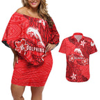 Personalised Dolphins Couples Matching Off Shoulder Short Dress and Hawaiian Shirt Polynesian Tribal Pattern With Rugby Dolphin Mascot Art