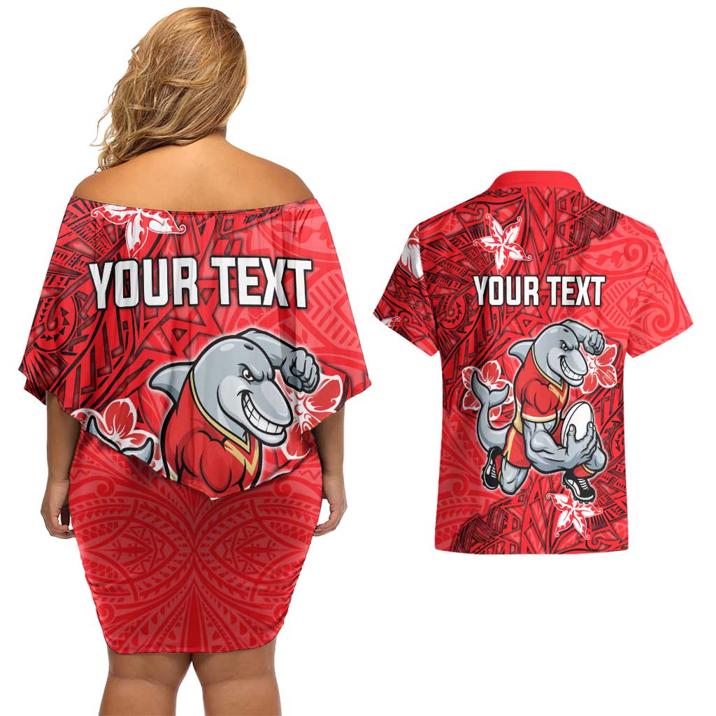 Personalised Dolphins Couples Matching Off Shoulder Short Dress and Hawaiian Shirt Polynesian Tribal Pattern With Rugby Dolphin Mascot Art