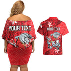 Personalised Dolphins Couples Matching Off Shoulder Short Dress and Hawaiian Shirt Polynesian Tribal Pattern With Rugby Dolphin Mascot Art