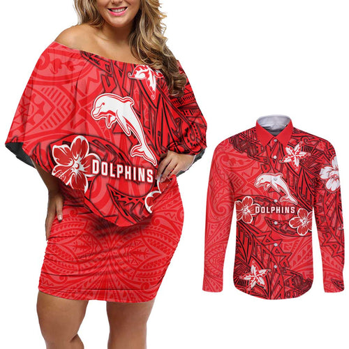 Personalised Dolphins Couples Matching Off Shoulder Short Dress and Long Sleeve Button Shirt Polynesian Tribal Pattern With Rugby Dolphin Mascot Art