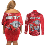 Personalised Dolphins Couples Matching Off Shoulder Short Dress and Long Sleeve Button Shirt Polynesian Tribal Pattern With Rugby Dolphin Mascot Art