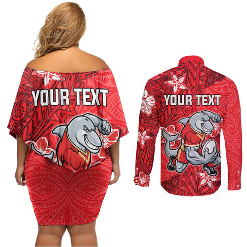 Personalised Dolphins Couples Matching Off Shoulder Short Dress and Long Sleeve Button Shirt Polynesian Tribal Pattern With Rugby Dolphin Mascot Art
