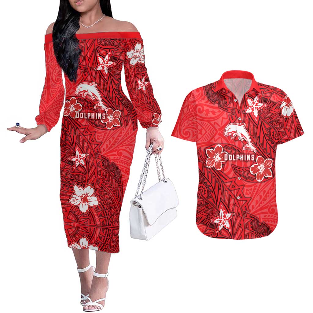 Personalised Dolphins Couples Matching Off The Shoulder Long Sleeve Dress and Hawaiian Shirt Polynesian Tribal Pattern With Rugby Dolphin Mascot Art